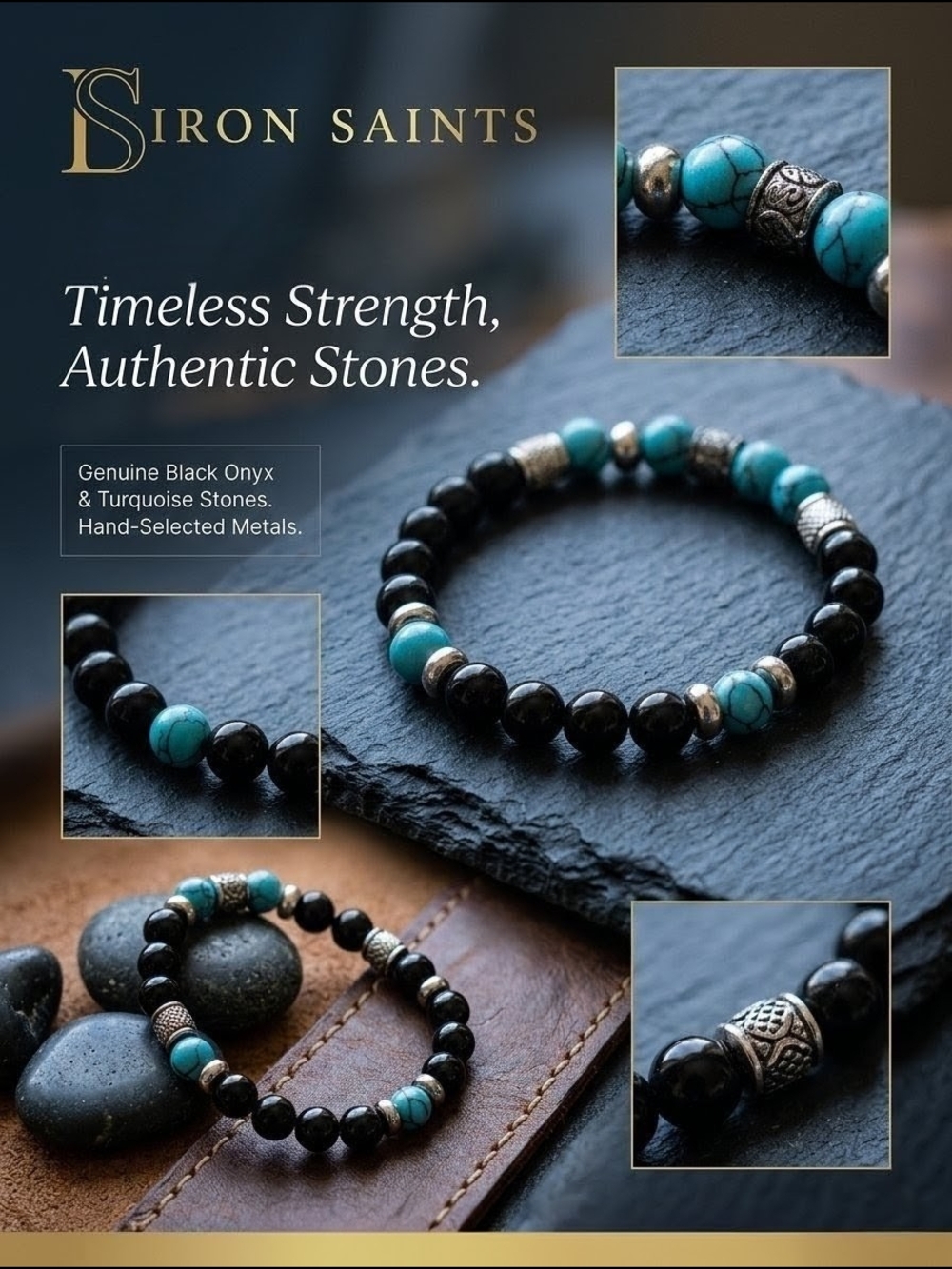 Iron Saints Men's Beaded Bracelet - Genuine Black Onyx & Turquoise Stones - New